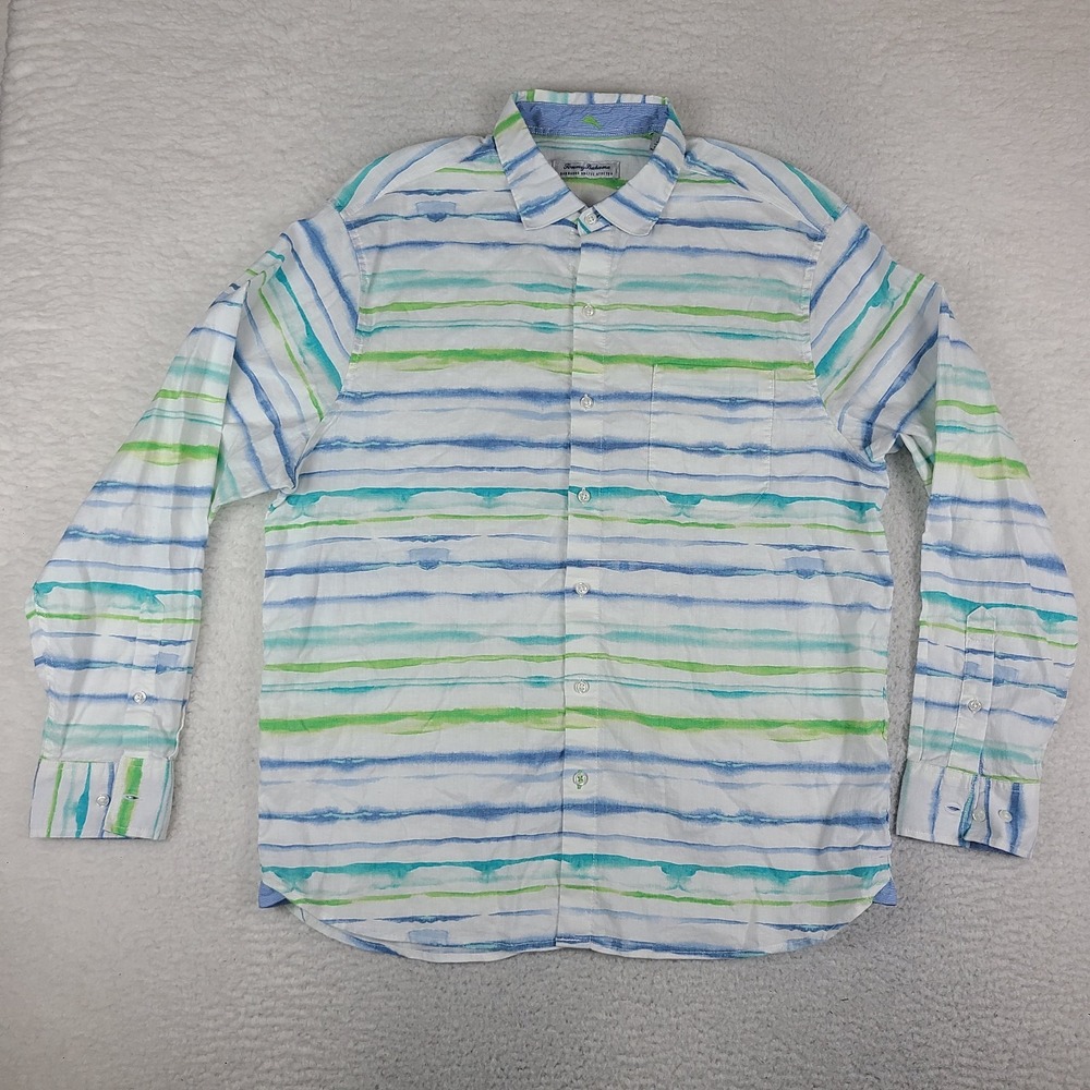 Tommy Bahama Shirt Mens Large Blue Green Striped Linen Barbados Breeze Stretch